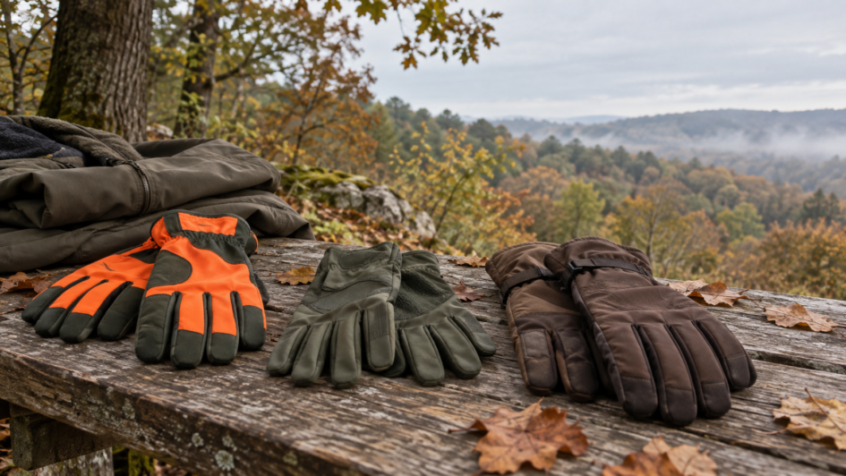 Trois paires de gants de chasse orange, vert et marron sur un banc en forêt