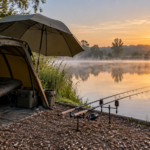Abri de pêche bivvy et brolly installé au bord d’un lac