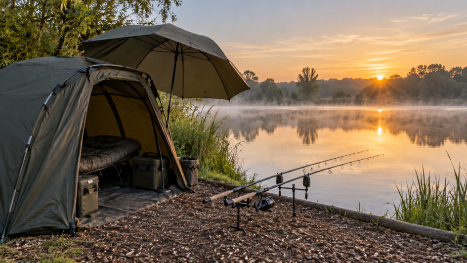 Abri de pêche bivvy et brolly installé au bord d’un lac