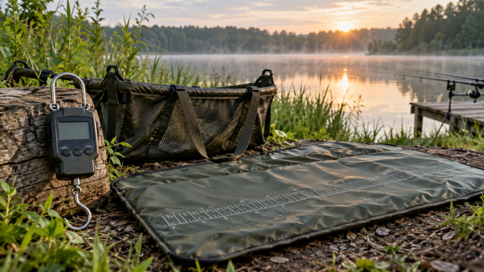 Balance de pêche et mètre à poisson au bord d’un lac