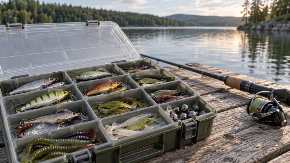 Boîte à leurres ouverte et organisée au bord d’un lac