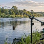 Canne feeder installée sur un support au bord d’un lac
