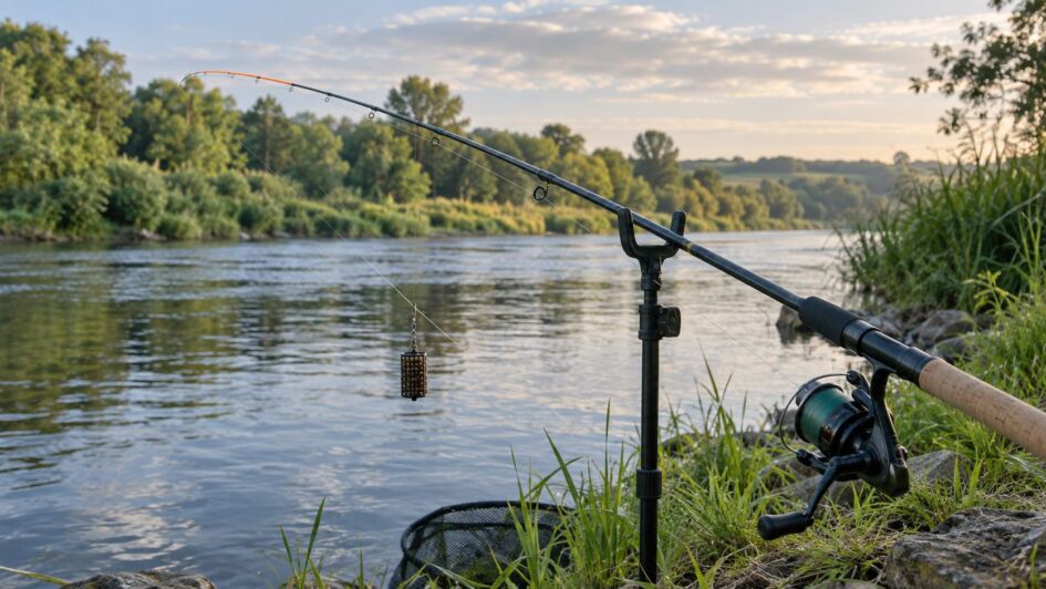 Canne feeder installée sur un support au bord d’un lac