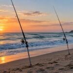 Canne surfcasting et trépied installés sur une plage au lever du jour