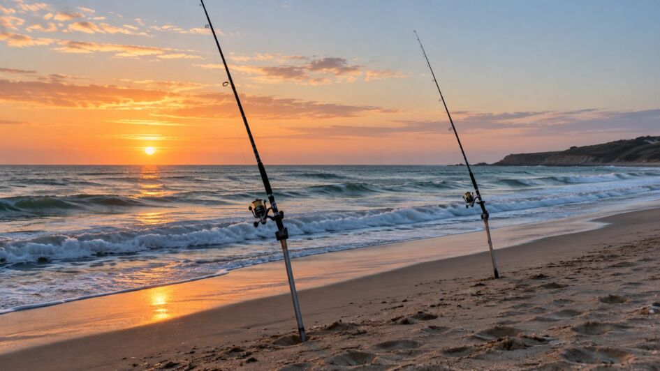 Canne surfcasting et trépied installés sur une plage au lever du jour