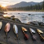 Cuillers et spinners de pêche disposés au bord d’une rivière