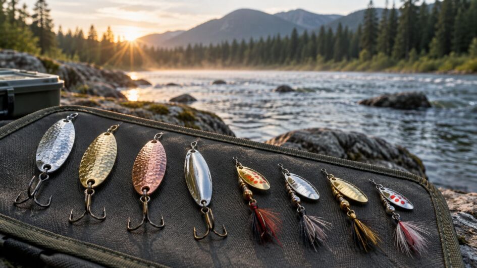 Cuillers et spinners de pêche disposés au bord d’une rivière