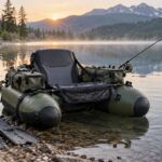 Float tube de pêche équipé au bord d’un lac calme
