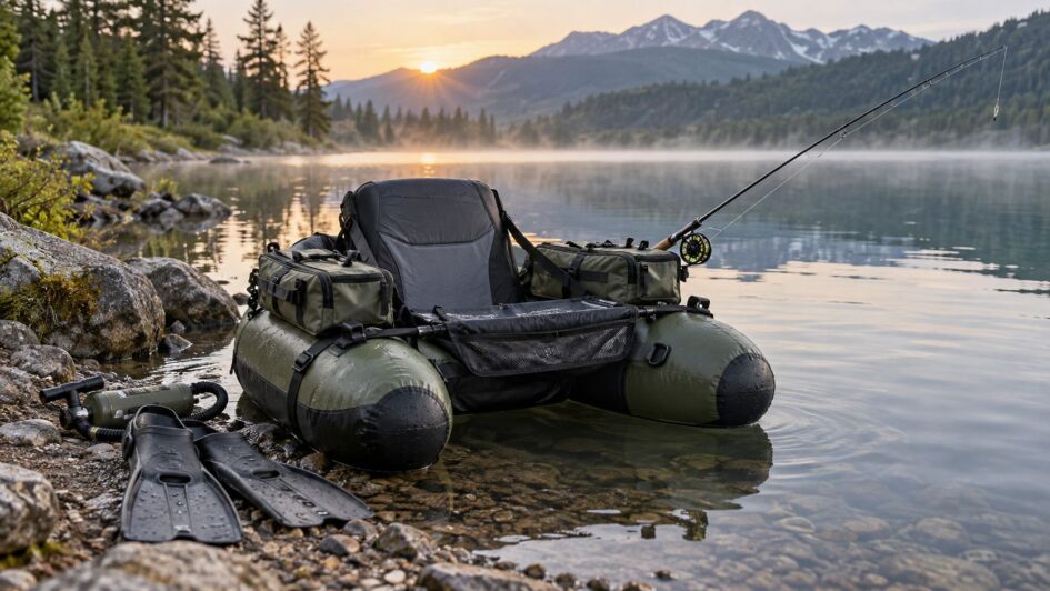 Float tube de pêche équipé au bord d’un lac calme