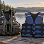 Gilets de sauvetage pour la pêche posés sur un ponton