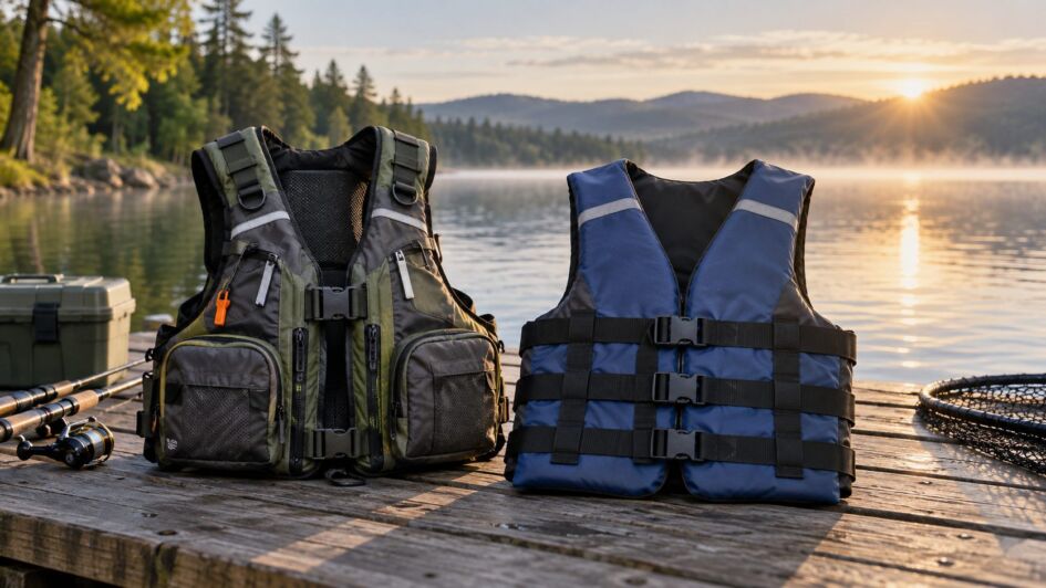 Gilets de sauvetage pour la pêche posés sur un ponton