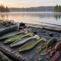Leurres souples de pêche disposés près d’un lac