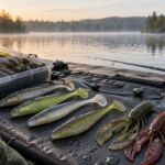 Leurres souples de pêche disposés près d’un lac