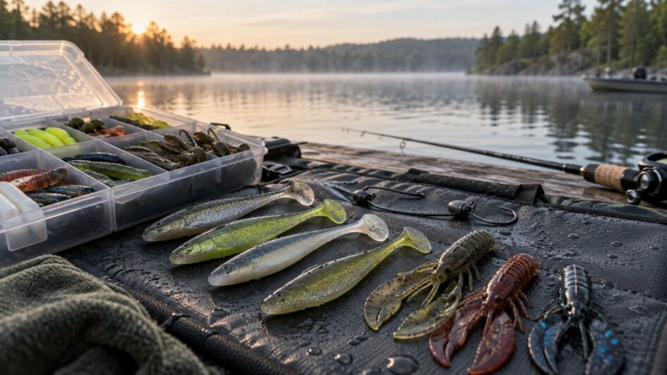 Leurres souples de pêche disposés près d’un lac