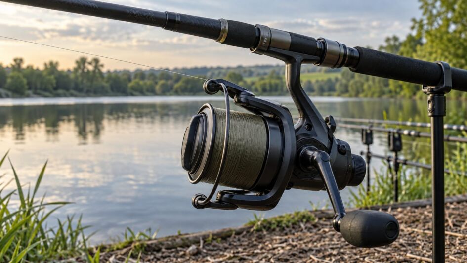 Moulinet carpe monté sur une canne au bord d’un lac