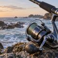 Moulinet de pêche en mer installé sur une canne au bord de l’océan