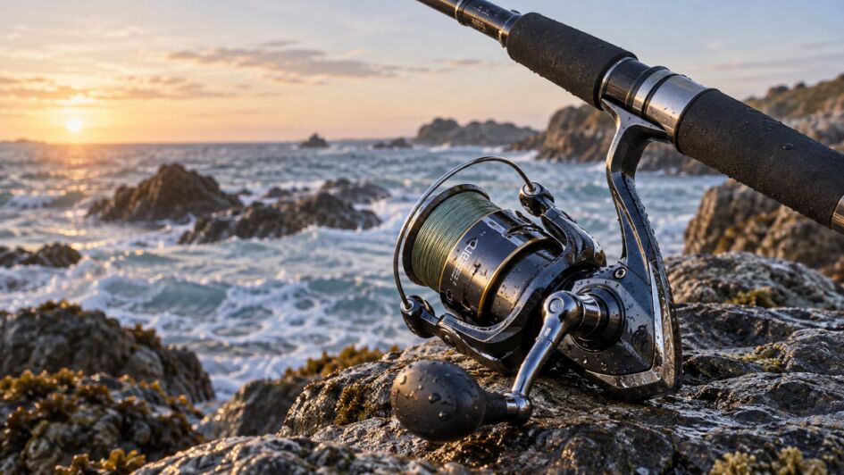 Moulinet de pêche en mer installé sur une canne au bord de l’océan