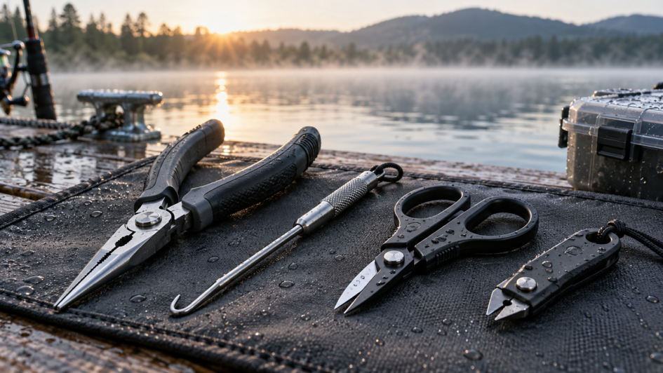 Pinces, dégorgeoir et coupe-fil pour la pêche au bord d’un lac