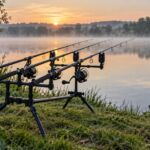 Rod pod avec trois cannes installé au bord d’un lac
