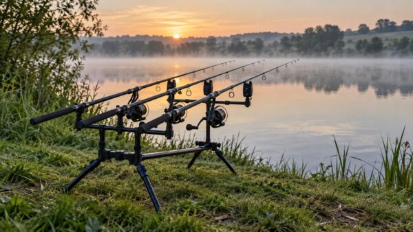 Rod pod avec trois cannes installé au bord d’un lac