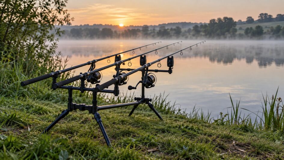 Rod pod avec trois cannes installé au bord d’un lac