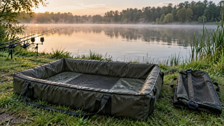 Tapis de réception carpe préparé sur une berge