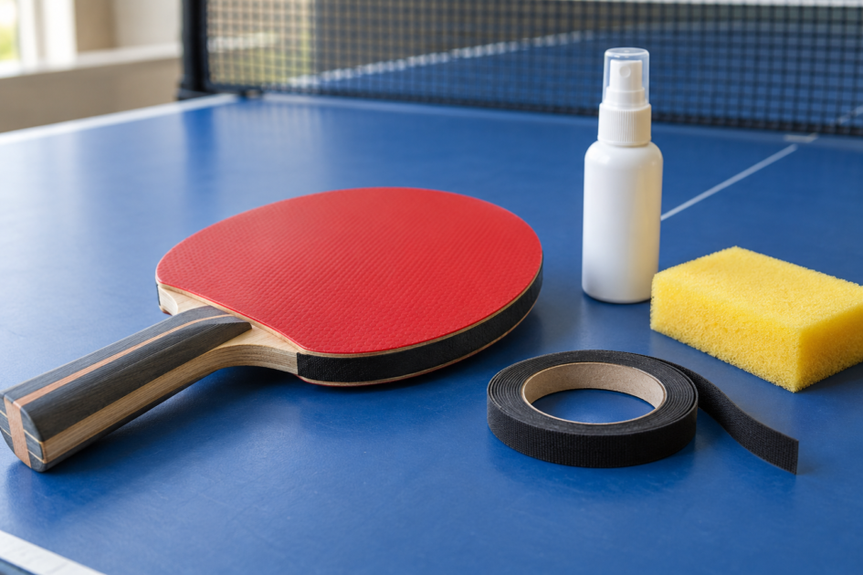 Raquette de tennis de table, ruban de tranche, flacon et éponge — illustration générique