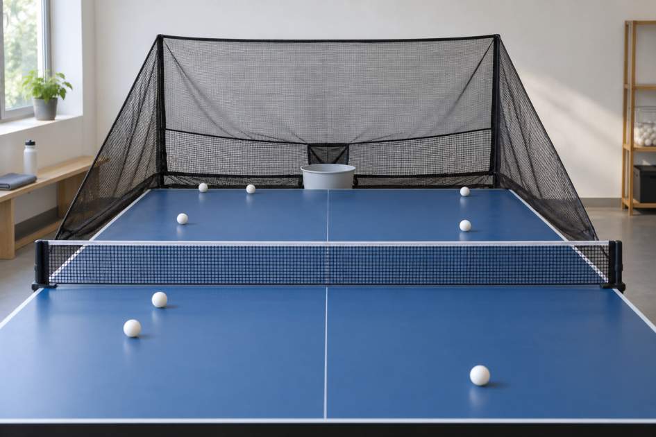 Filet récupérateur de balles installé derrière une table de ping-pong — illustration générique