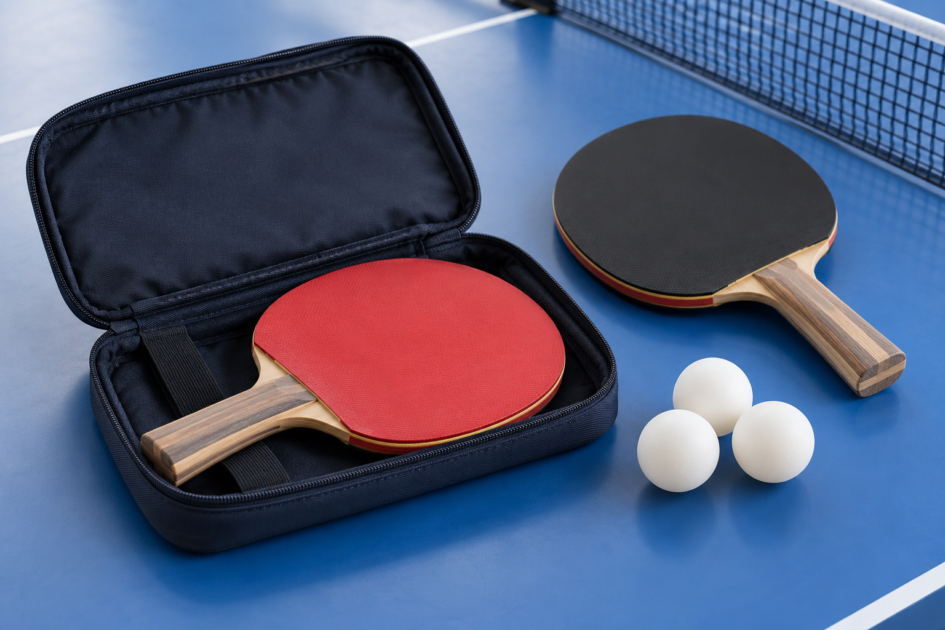 Deux raquettes de tennis de table et une housse ouverte — illustration générique