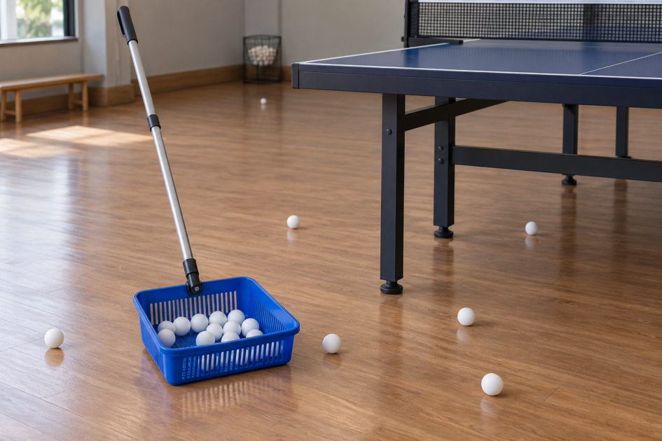 Collecteur de balles à long manche près d’une table de tennis de table — illustration générique