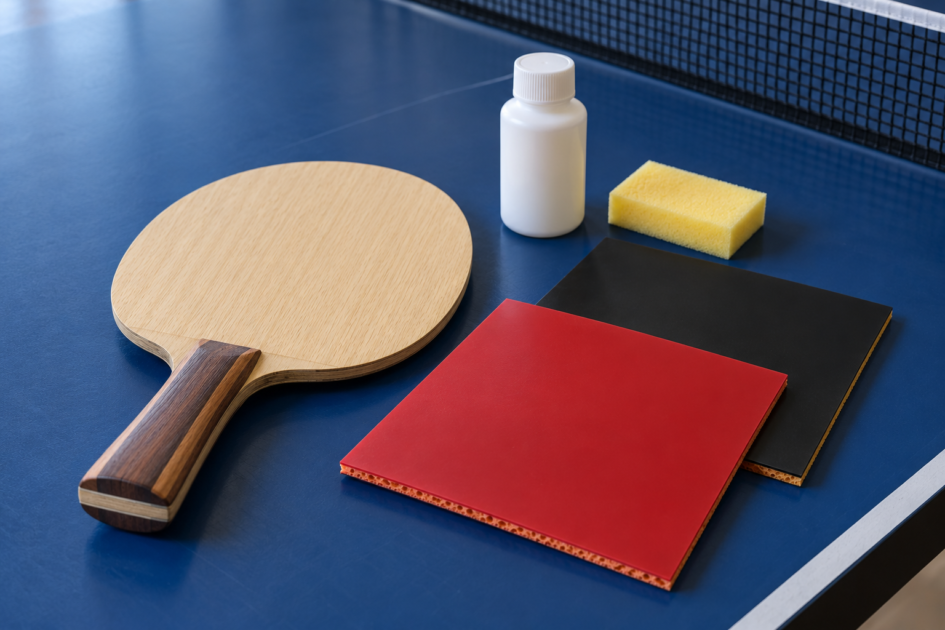Bois de tennis de table, plaques rouge et noire et matériel de collage — illustration