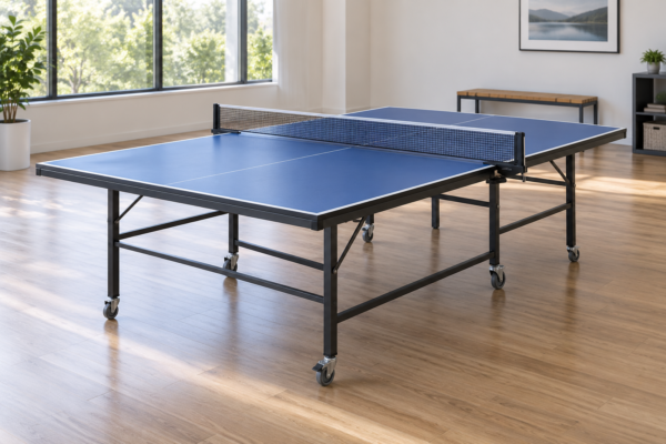 Table de tennis de table bleue dans une salle — illustration générique
